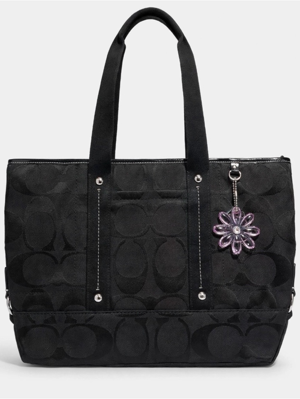 Coach Black Signature Tote with Purple Flower Charm